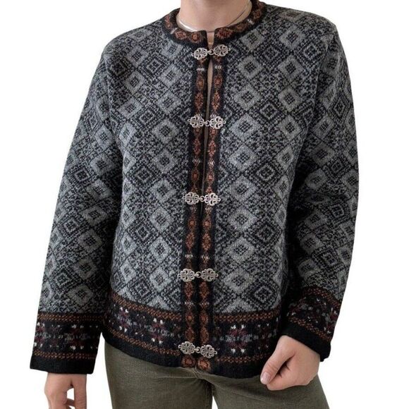 Vintage 1990s Carroll Reed 100% Wool Nordic Gray Geometric Cardigan Sz L - Picture 1 of 7